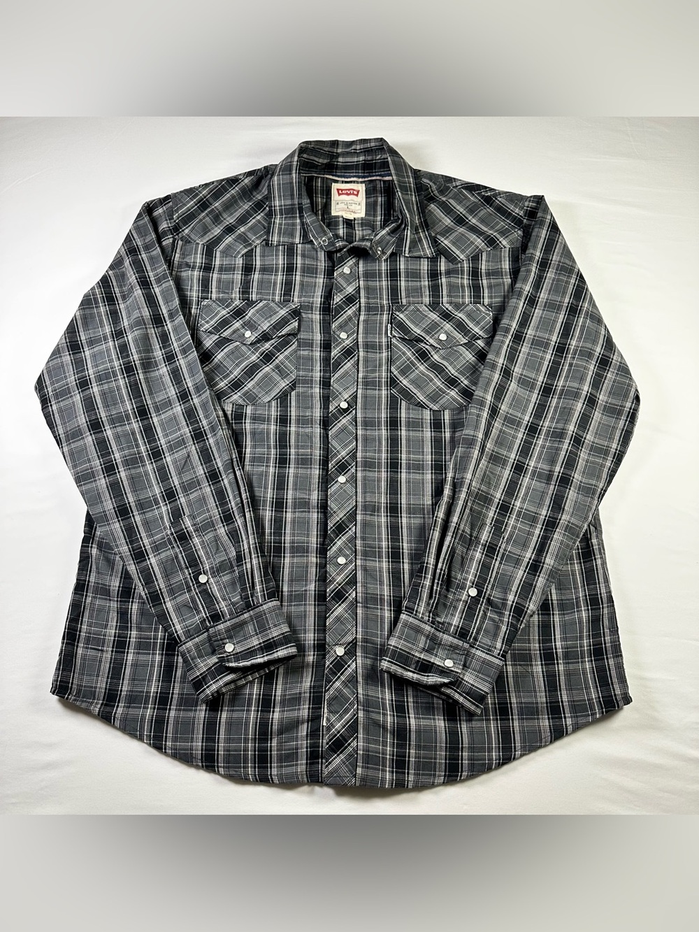 Levis Red Tab Pearl Snap Shirt Mens L Gray Black Plaid Western Long Sleeve